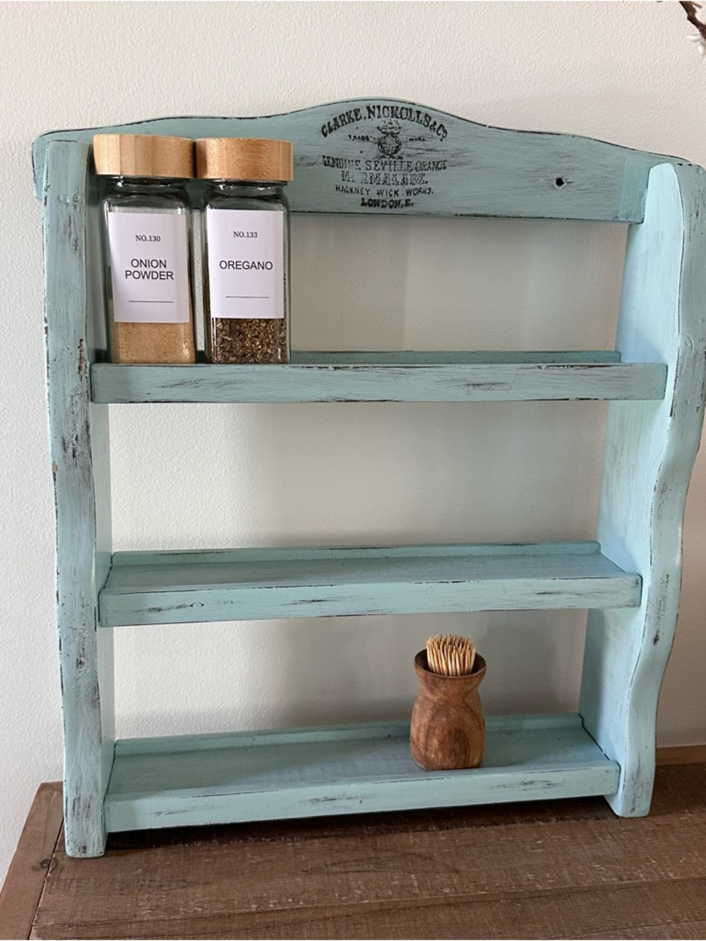 Light Blue Distressed Wooden Wall Shelf for Spices, Oils, Nicknack Collectables